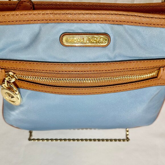 MICHAEL Michael Kors MK Kempton Powder Blue Nylon & Brown Leather Crossbody Bag - Picture 7 of 14